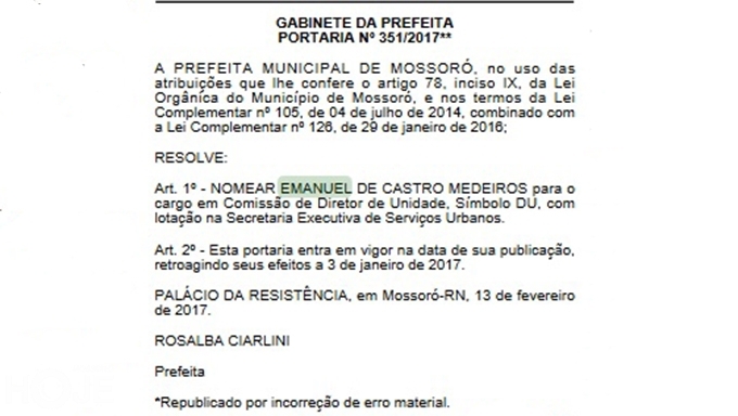   Rosalba nomeia cargo comissionado com salário retroativo a 3 de janeiro