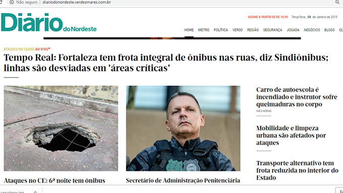   Jornal Diário do Nordeste aponta redução dos ataques no Ceará, mas destaca preocupação com serviços de transportes públicos; Chegaram mais 200 homens da Força Nacional