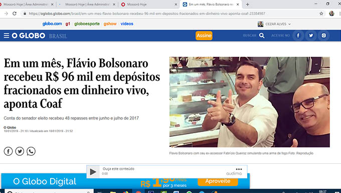 Imagem 1 -  Jornal Nacional e O Globo mostram relatório da COAF apontando 48 depósitos de 2 mil cada em espécie na conta do senador eleito Flávio Bolsonaro num intervalo de 30 dias; COAF diz que isto foi feito para esconder a origem do dinheiro, possivelmente ilicito
