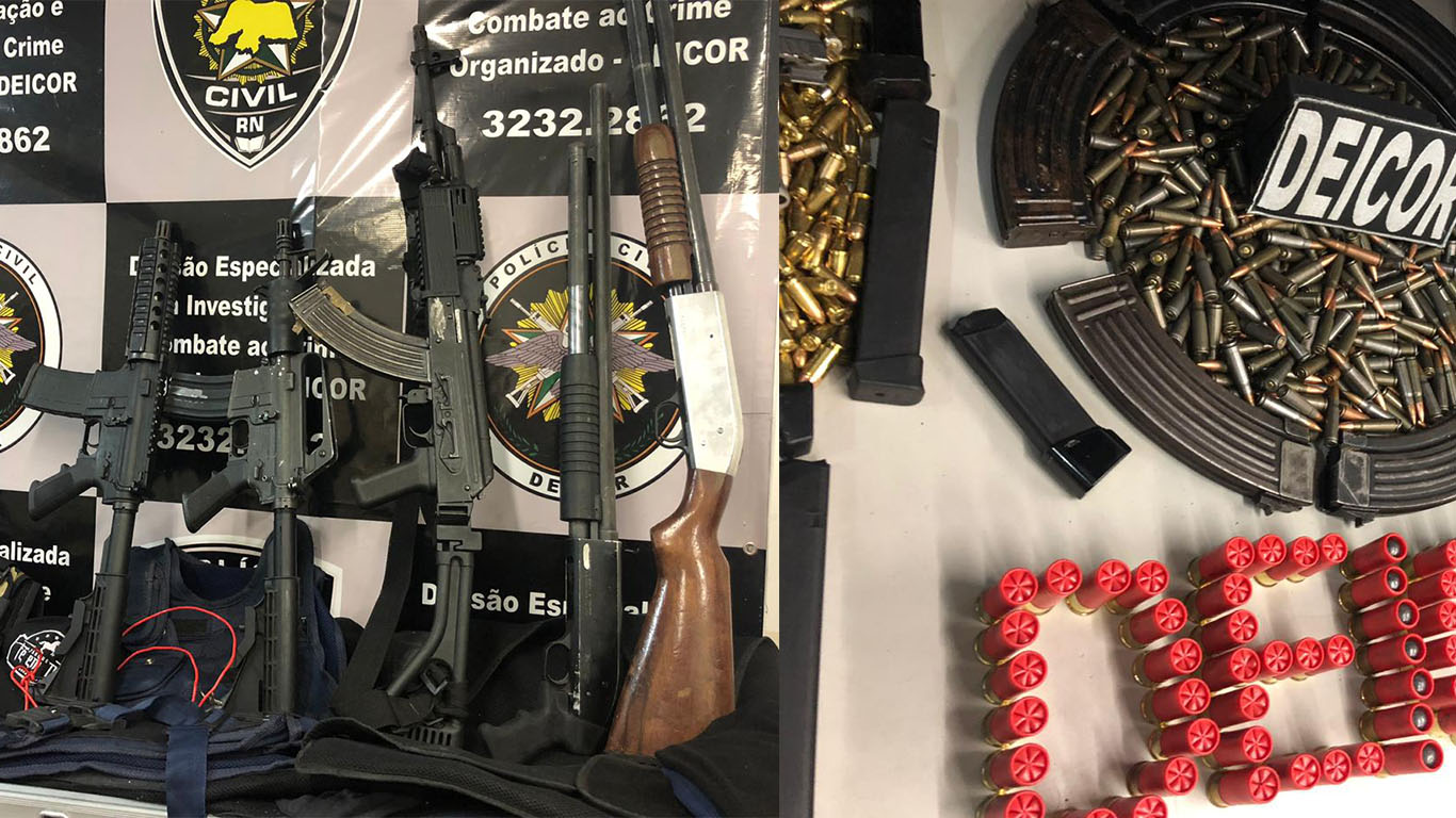  Armas e munições apreendidas numa chácara as margens da BR 406, no município de Taipu. Arsenal de armas seria usado para um assalto a carro-forte