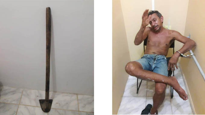   Milton da Sucada foi localizado em casa pela policia, pouco tempo depois de bater na cabeça da mulher Flávia com uma enxada