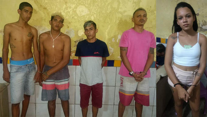   Em foto divulgada pela polícia, mostra os cinco suspeitos do assalto em Tibau, que segundo os agentes, também são investigados por assaltos na região de Mossoró.