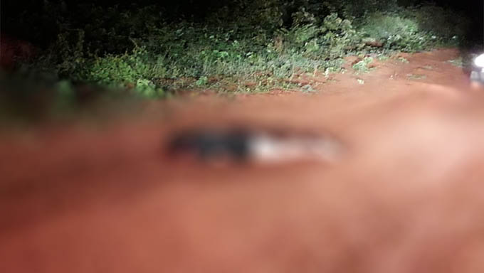   Corpo de um homem, aparentemente jovem, vestindo camiseta preta, calção branco com listras, está descalço, tem pele branca, menos de 1 e 70 de altura, foi encontrado morto na estrada de acesso a granja, na região Oeste de Mossoró