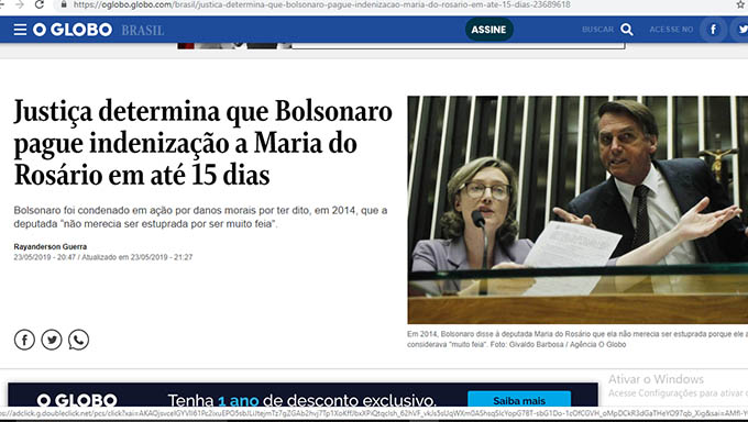   O então deputado federal Jair Bolsonaro disse em 2014 que a colega Maria do  Rosário “não merecia ser estuprada por ser muito feia".