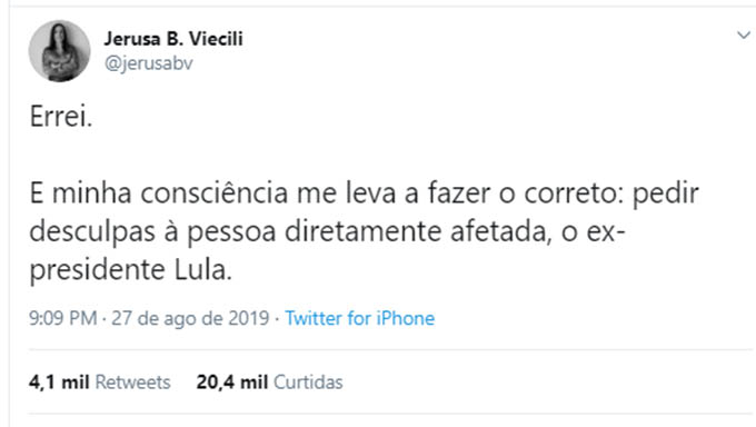   Procuradora da república publicou Twitter nesta terça-feira, dia 27, pedindo desculpas por ter desdenhado do luto de Lula