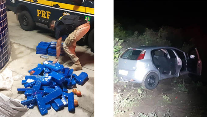   Droga estava sendo transportada num Punto; Quando o motorista do veículo recebeu a ordem de parada da PRF, empreendeu fuga, sendo necessário a realização do acompanhamento tático; o criminoso jugou o carro no mato e fugiu