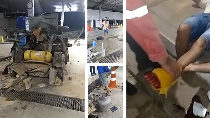 Imagem 1 -  Veículo ficou destruído com a explosão de um botijão de gás, que estava acoplado ao cilindro de gás natural dentro de um veículo; Um cidadã foi atingido por estilhaços no pé