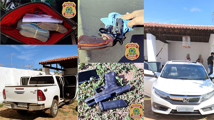   Com o trio preso (PF não divulga nomes), que são do Estado do Pará, foram apreendidos duas armas de fogo e mais de 11 mil em dinheiro e carros de luxo com placas de São Paulo, possivelmente de "estouro"