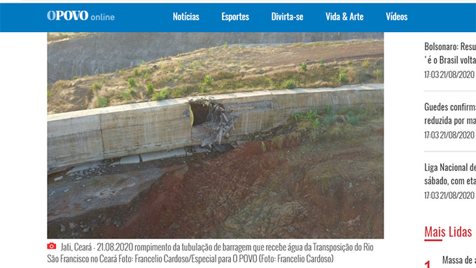   Rompimento do enorme duto de cimento aconteceu na tarde desta sexta-feira, dia 21, e cerca de 2 mil moradores das redondezas foram levados para outras regiões. Governador Camilo Santana e o ministro Rogério Marinho estiveram em Jati neste sábado, 22, e disseram que não existe mais risco a população