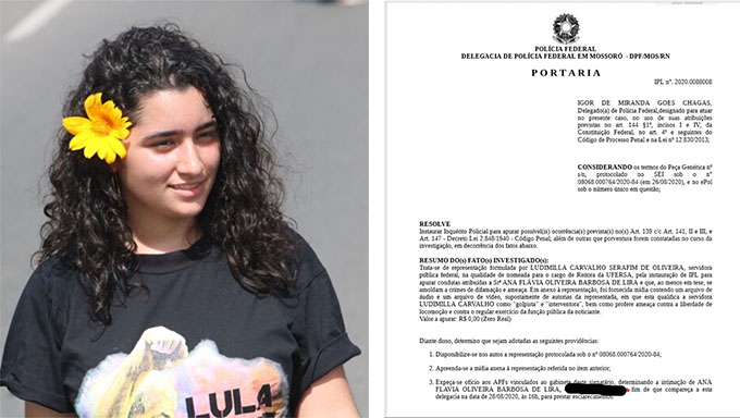   Ana Flavia foi intimada para prestar esclarecimentos na Policia Federal de Mossoró, neste dia 28, por rotular a professora Ludimila de "golpista" e "interventora", apos ela ter sido nomeada reitora pelo presidente Bolsonaro mesmo tendo ficado em terceiro lugar na preferência da comunidade da UFERSA.  Em resposta, ela convoca protesto com a presença do reitor eleito Rodrigo Codes, da UFERSA, e tambem do reitor eleito do IFRN, José Arnóbio, para às 7 horas desta segunda-feira, dia 31, no Campus Leste da UFERSA em Mossoró-RN.