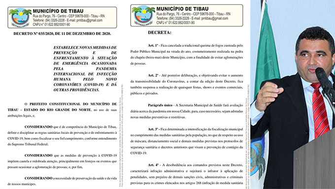   Covid19: Prefeito suspende queima de fogos, fes. tas públicas e privadas em Tibau.  Ainda no Decreto, consta a intensificação da fiscalização municipal no cumprimento das medidas sanitárias pela população, no que diz respeito ao uso de máscara, distanciamento social e demais medidas previstas nos protocolos de segurança sanitária e decretos anteriores. 