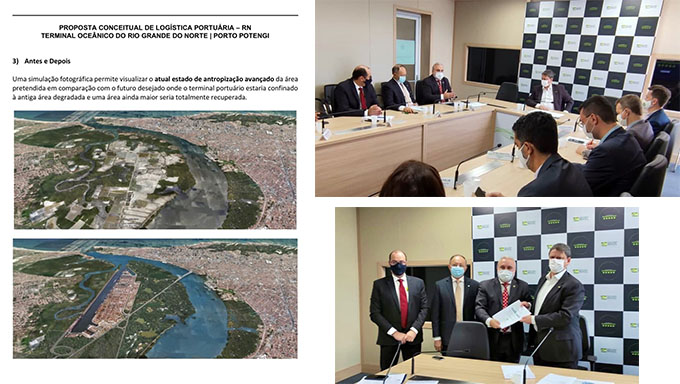 Imagem 1 -  Reunião foi para somar esforços para evitar que a empresa que faz rota pelo Rio Grande do Norte coletando conteineres continue, mas o senador Jean Paul Prates aproveitou para mostrar ao ministro Tarcísio o projeto do Porto do Rio Pontengi, interligado por via ferroviária com o Aeroporto e com a ZPE, da instalação de um parque ecológico numa área destruída e a duplicação das BRs 304 e 406