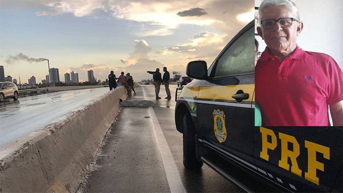   Corpo de Gilberto Vale foi encontrado em cima do viaduto, entre os abolição II e III, e o SAMU constatou no local que havia afundamento de crânio. A PRF contorna o tráfego de veículos para evitar outros acidentes, enquanto aguarda a chegada do ITEP para perícia e remoção do corpo.