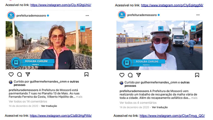   Segundo o Ministério Público Estadual, Rosalba Ciarlini, quando no cargo de prefeita de Mossoró, se aproveitou dos veículos oficiais da Prefeitura de Mossoró, no caso o Instagram, para promover sua imagem através de postagens nas redes sociais em dezembro de 2020, após ter sido derrotada nas urnas