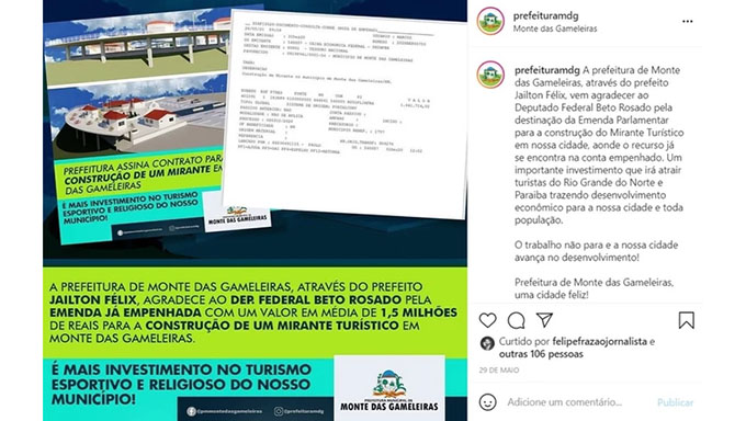   Furo jornalístico é de Emerson Linhares, da Rádio Difusora de Mossoró. Com documentos oficiais, Linhares mostra com riqueza de detalhes que o deputado mossoroense, que não destinou recursos para Mossoró em 2021, mandou quase 1,5 milhão para construir um terminal turístico no município Monte das Gameleiras-RN, em benefício da propriedade do ministro Rogério Marinho e do assessor dele Francisco Soares Lima Junior, servidor da Codevasf.