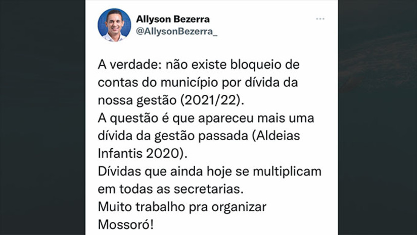 Imagem 1 - Esta dívida R$ 78 mil da Prefeitura de Mossoró com a Instituição Aldeias EOS, faz parte de um pacote de dívidas deixadas pela gestão de Rosalba que, quando somadas, se aproximam de R$ 900 milhões de reais, que segundo a gestão de Allyson Bezerra, está sendo paga com planejamento e responsabilidade com os recursos públicos. Em 2021 foram pagos 116 milhões e para este ano, até o final de Dezembro, espera quitar outros R$ 120 milhões. O valor em questão está na Justiça. Imagem 1 - Esta dívida R$ 78 mil da Prefeitura de Mossoró com a Instituição Aldeias EOS, faz parte de um pacote de dívidas deixadas pela gestão de Rosalba que, quando somadas, se aproximam de R$ 900 milhões de reais, que segundo a gestão de Allyson Bezerra, está sendo paga com planejamento e responsabilidade com os recursos públicos. Em 2021 foram pagos 116 milhões e para este ano, até o final de Dezembro, espera quitar outros R$ 120 milhões. O valor em questão está na Justiça.