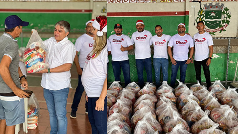 Imagem 1 -  Em uma ação do projeto Dissé Solidário, a gestão do prefeito Dr. Artur Vale fez a distribuição de 1.067 cestas básicas para famílias que recebem o Auxílio Brasil.  A entrega dos alimentos foi concluída nessa sexta-feira (23) e contou com a participação de Dr. Artur Vale e da primeira-dama e secretária municipal de assistência Social, Lorenna Evangelista.