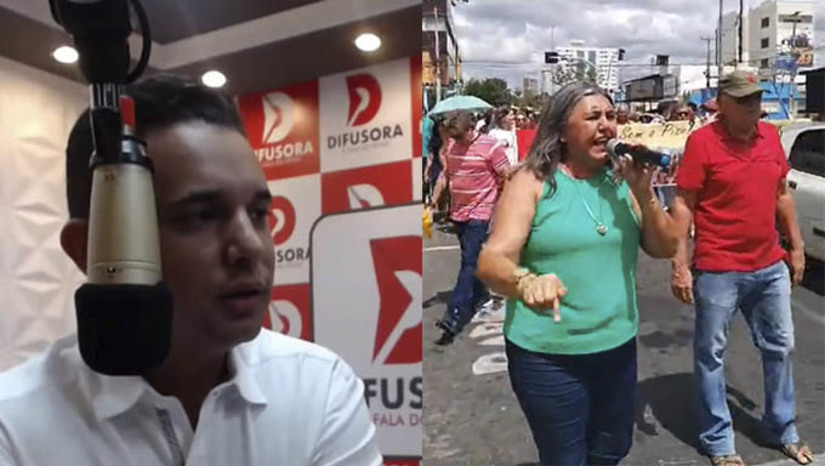 Imagem 1 - Os professores puxados pelos diretores do Sindserpum e a vereadora Marleide Cunha, caminharam pelas ruas do Centro da Cidade falando num carro de som até a frente da Prefeitura. Em resposta, o prefeito Allyson Bezerra disse que nunca se tratou tão bem a educação quanto agora e que, ao invés de agressões, pararem as aulas, deveriam debater o assunto. "Estamos abertos ao diálogo", garante o prefeito Allyson Bezerra. Na mesma entrevsita, o prefeito disse que a oposição age de duas formas: mentindo e induzindo ao erro. Ainda segundo o gestor, nunca se investiu tanto em educação quanto agora e que os diretores do Sindserpum não está reconhecendo isto, mas a maioria dos professores sim Imagem 1 - Os professores puxados pelos diretores do Sindserpum e a vereadora Marleide Cunha, caminharam pelas ruas do Centro da Cidade falando num carro de som até a frente da Prefeitura. Em resposta, o prefeito Allyson Bezerra disse que nunca se tratou tão bem a educação quanto agora e que, ao invés de agressões, pararem as aulas, deveriam debater o assunto. "Estamos abertos ao diálogo", garante o prefeito Allyson Bezerra. Na mesma entrevsita, o prefeito disse que a oposição age de duas formas: mentindo e induzindo ao erro. Ainda segundo o gestor, nunca se investiu tanto em educação quanto agora e que os diretores do Sindserpum não está reconhecendo isto, mas a maioria dos professores sim