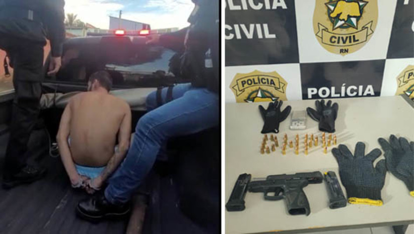 Imagem 1 - Suspeito de assassinar policial penal no RN é preso em São Gonçalo do Amarante. Wedson Bruno Costa, conhecido como Redbull, foi preso nesta segunda-feira (20), em decorrência das investigações da Divisão de Homicídios e Proteção à Pessoa (DHPP). De acordo com a Polícia Civil, ele faz parte da facção que está realizando ataques no estado. Com o suspeito, os policiais da DHPP também apreenderam uma pistola, munição, e apetrechos como luvas, além de uma balança de precisão. O policial penal Carlos Eduardo Nazário, de 53 anos, foi assassinado por cerca de cinco disparos de arma de fogo, também em São Gonçalo, na noite da sexta-feira (17). Ele chegou a ser socorrido para um hospital, mas não resistiu à gravidade dos ferimentos. Imagem 1 - Suspeito de assassinar policial penal no RN é preso em São Gonçalo do Amarante. Wedson Bruno Costa, conhecido como Redbull, foi preso nesta segunda-feira (20), em decorrência das investigações da Divisão de Homicídios e Proteção à Pessoa (DHPP). De acordo com a Polícia Civil, ele faz parte da facção que está realizando ataques no estado. Com o suspeito, os policiais da DHPP também apreenderam uma pistola, munição, e apetrechos como luvas, além de uma balança de precisão. O policial penal Carlos Eduardo Nazário, de 53 anos, foi assassinado por cerca de cinco disparos de arma de fogo, também em São Gonçalo, na noite da sexta-feira (17). Ele chegou a ser socorrido para um hospital, mas não resistiu à gravidade dos ferimentos.