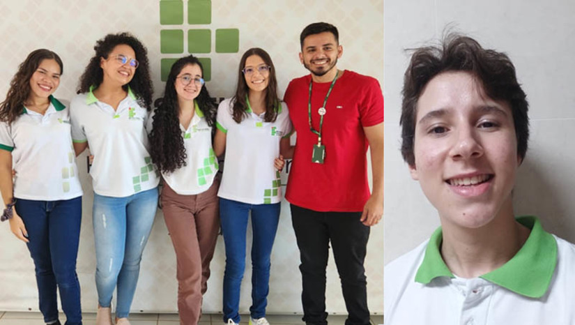 Imagem 1 -  Estudantes do IFRN campus Apodi se destacam e conquistam prêmios de programas internacionais. Somente neste ano de 2023,  cinco deles foram selecionados em projetos desenvolvidos pela Embaixada do Estados Unidos no Brasil e pela AFS Global STEM Academies. No primeiro caso, as alunas Maria Júlia Silveira Sena de Moura, Ana Beatriz Alves de Almeida, Lanna Rebeca Câmara Noronha e Ana Luiza Targino Bandeira, dos cursos de Química e Agropecuária,  propuseram um projeto voltado para a acessibilidade dentro de atividades agropecuárias. Na fase final, as estudantes irão apresentar o projeto em Brasília; já Pedro Víctor Maia Lima [FOTO A DIREITA], que finalizou o 2º ano Ensino Médio Integrado no curso de Química, foi selecionado para representar o Rio Grande do Norte em um intercâmbio no Egito.