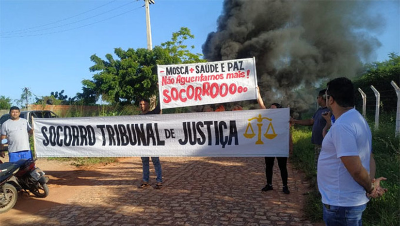 Imagem 1 -  Os moradores do bairro Pousada das Termas e comunidades nos arredores, fecharam os acessos das localidades Serra Mossoró e Alagoinhas, no início da manhã deste sábado, 6, em protesto para que a Justiça obrigue a Granja Ave Forte a colocar um químico nas fezes das galinhas e, assim, reduzir o mosqueiro em suas casas. As reclamações neste sentido começaram há cerca de dez anos e, na Justiça, já superou todas as fases, restando somente o cumprimento da sentença. É uma questão grave de saúde pública. 