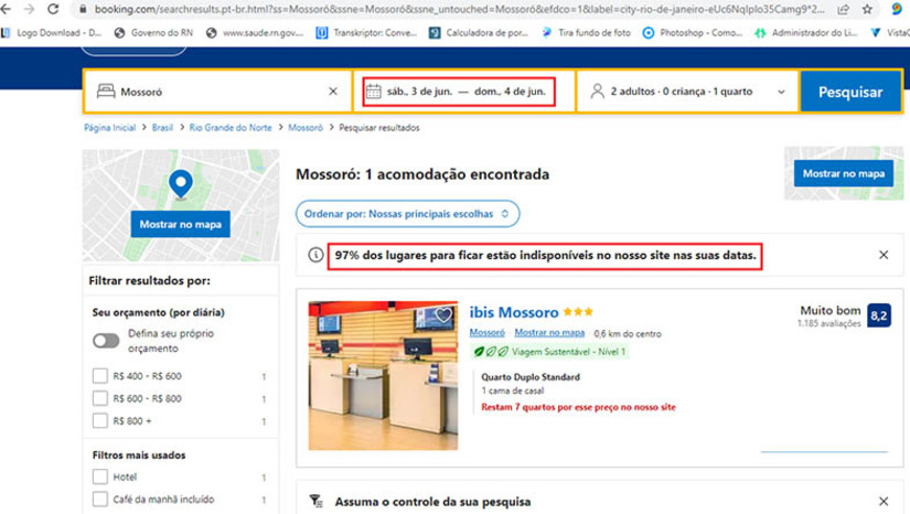 Imagem 1 - Rede hoteleira de Mossoró está com 97% de ocupação para o Pingo da Mei Dia. Em uma busca rápida pelos principais sites de reservas de acomodações é possível verificar que apenas um hotel da cidade ainda possui 7 acomodações disponíveis para entrada no dia 3 e saída no dia 4 de junho, data que compreende o evento. A notícia é boa não apenas para a rede hoteleira, mas também para os comerciantes locais, ambulantes e toda a cadeia produtiva envolvida no evento, que acaba lucrando com o grande número de turistas na cidade. Imagem 1 - Rede hoteleira de Mossoró está com 97% de ocupação para o Pingo da Mei Dia. Em uma busca rápida pelos principais sites de reservas de acomodações é possível verificar que apenas um hotel da cidade ainda possui 7 acomodações disponíveis para entrada no dia 3 e saída no dia 4 de junho, data que compreende o evento. A notícia é boa não apenas para a rede hoteleira, mas também para os comerciantes locais, ambulantes e toda a cadeia produtiva envolvida no evento, que acaba lucrando com o grande número de turistas na cidade.
