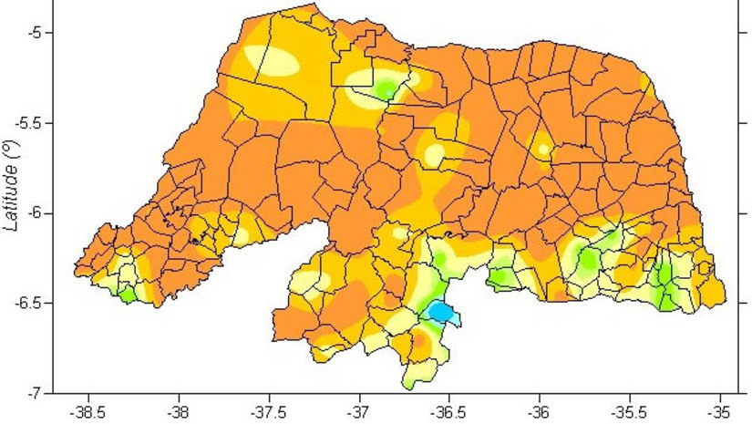 Imagem 1 - Maio de 2023 registrou chuvas com volumes médios 43,4% abaixo do esperado. De acordo com o Sistema de Monitoramento da Empresa de Pesquisa Agropecuária do Rio Grande do Norte (Emparn), a média de chuvas no mês foi de 61,6 milímetros, enquanto o esperado era de 108,7mm. “Além de índices baixos, as distribuições temporais e espaciais bastante irregulares, podem ter prejudicado o desenvolvimento da agricultura em algumas regiões do Estado, principalmente no Agreste”, explicou o chefe da unidade instrumental de Meteorologia, Gilmar Bristot. Imagem 1 - Maio de 2023 registrou chuvas com volumes médios 43,4% abaixo do esperado. De acordo com o Sistema de Monitoramento da Empresa de Pesquisa Agropecuária do Rio Grande do Norte (Emparn), a média de chuvas no mês foi de 61,6 milímetros, enquanto o esperado era de 108,7mm. “Além de índices baixos, as distribuições temporais e espaciais bastante irregulares, podem ter prejudicado o desenvolvimento da agricultura em algumas regiões do Estado, principalmente no Agreste”, explicou o chefe da unidade instrumental de Meteorologia, Gilmar Bristot.
