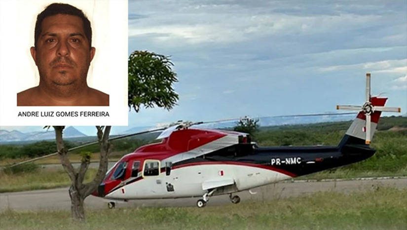 Imagem 1 - O pernambucano André Luiz Gomes Ferreira, de 43 anos, estava sendo procurado pela PF desde 2020, quando foi deflagrado a mega operação intitulada de "Além Mar". O procurado pela PF pilotava um helicoptero sem autorização, sem plano de voo e com o transponder desligado, para não ser localizado pelas autoridades. Posou no Aeroporto de Pau de Pau dos Ferros para reabastecer o helicóptero, foi descoberto e preso pela Polícia. Haviam cinco passageiros na aeronave. Todos foram conduzidos a Delegacia local, para serem investigados. Imagem 1 - O pernambucano André Luiz Gomes Ferreira, de 43 anos, estava sendo procurado pela PF desde 2020, quando foi deflagrado a mega operação intitulada de "Além Mar". O procurado pela PF pilotava um helicoptero sem autorização, sem plano de voo e com o transponder desligado, para não ser localizado pelas autoridades. Posou no Aeroporto de Pau de Pau dos Ferros para reabastecer o helicóptero, foi descoberto e preso pela Polícia. Haviam cinco passageiros na aeronave. Todos foram conduzidos a Delegacia local, para serem investigados.