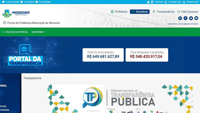 Imagem 1 - Prefeitura de Mossoró alcança 99,92% de avaliação em transparência segundo dados do MPRN. A avaliação é do relatório de análise confeccionado pelo Confúcio, ferramenta do Ministério Público do Estado do Rio Grande do Norte (MPRN) que verifica os portais da transparência. O relatório estipula 1300 como pontuação máxima, tendo Mossoró atingido 1299, ficando a apenas um ponto do maior resultado possível. A ferramenta “verificou o Portal de Transparência do Município de Mossoró, identificando a compatibilidade do sítio eletrônico à legislação de regência, bem como a conformidade dos gastos públicos do respectivo ente governamental aos mandamentos do ordenamento jurídico pátrio”. Imagem 1 - Prefeitura de Mossoró alcança 99,92% de avaliação em transparência segundo dados do MPRN. A avaliação é do relatório de análise confeccionado pelo Confúcio, ferramenta do Ministério Público do Estado do Rio Grande do Norte (MPRN) que verifica os portais da transparência. O relatório estipula 1300 como pontuação máxima, tendo Mossoró atingido 1299, ficando a apenas um ponto do maior resultado possível. A ferramenta “verificou o Portal de Transparência do Município de Mossoró, identificando a compatibilidade do sítio eletrônico à legislação de regência, bem como a conformidade dos gastos públicos do respectivo ente governamental aos mandamentos do ordenamento jurídico pátrio”.