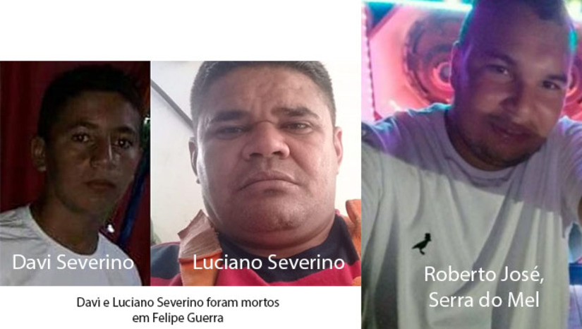 Imagem 1 -  Na comunidade de Boqueirão, em Felipe Guerra, foram mortos Luciano Severino da Silva, de 44 anos, e Davi Severiano Martins da Silva, de 16 anos. Já na Vila Brasília, da Serra do Mel, foi assassinado, também à tiros, Roberto José de Oliveira, de 27 anos. A polícia não tem informações sobre os assassinos e pouco se sabe sobre as vítimas. 
