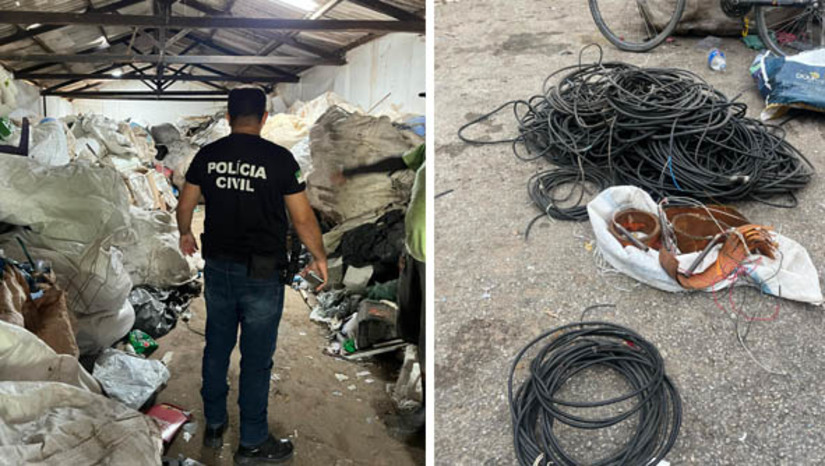 Imagem 1 - Polícia Civil deflagra operação contra furtos de cabos elétricos em Mossoró. O objetivo da "Operação Tarega 2", deflagrada nesta quarta-feira (20), é combater a prática de furtos de cabos elétricos e demais equipamentos utilizados por diversas empresas públicas e privadas na região, além de recuperar os objetos e identificar receptadores. Nas diligências foram localizados, em um dos locais, uma grande quantidade de cabos elétricos de procedência duvidosa e com características compatíveis com os usados pelas empresas. Também foram localizados núcleos de transformadores e peças elétricas de sistema de automação de poços de petróleo. Imagem 1 - Polícia Civil deflagra operação contra furtos de cabos elétricos em Mossoró. O objetivo da "Operação Tarega 2", deflagrada nesta quarta-feira (20), é combater a prática de furtos de cabos elétricos e demais equipamentos utilizados por diversas empresas públicas e privadas na região, além de recuperar os objetos e identificar receptadores. Nas diligências foram localizados, em um dos locais, uma grande quantidade de cabos elétricos de procedência duvidosa e com características compatíveis com os usados pelas empresas. Também foram localizados núcleos de transformadores e peças elétricas de sistema de automação de poços de petróleo.