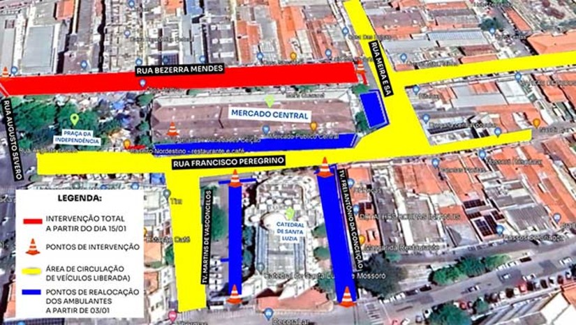 Imagem 1 - A medida será necessária em virtude da preparação para o início das obras do Centro Comercial, que será construído pela Prefeitura de Mossoró. Nesta quarta, e intervenção será parcial na rua Francisco Peregrino para a demarcação dos locais onde os ambulantes serão realocados durante o período de construção. A travessa Martins de Vasconcelos também será interditada parcialmente e a travessa Frei Antônio da Conceição ficará totalmente interditada para organização dos espaços para os ambulantes. A partir do dia 15 de janeiro teremos intervenção total da rua Bezerra Mendes, entre a avenida Augusto Severo e a rua Meira e Sá para início das obras. Imagem 1 - A medida será necessária em virtude da preparação para o início das obras do Centro Comercial, que será construído pela Prefeitura de Mossoró. Nesta quarta, e intervenção será parcial na rua Francisco Peregrino para a demarcação dos locais onde os ambulantes serão realocados durante o período de construção. A travessa Martins de Vasconcelos também será interditada parcialmente e a travessa Frei Antônio da Conceição ficará totalmente interditada para organização dos espaços para os ambulantes. A partir do dia 15 de janeiro teremos intervenção total da rua Bezerra Mendes, entre a avenida Augusto Severo e a rua Meira e Sá para início das obras.