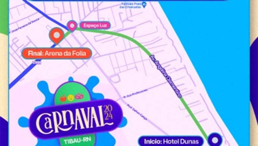Imagem 1 -  A prefeitura de Tibau divulgou nesta segunda- feira (05) o percurso do trio durante sos arrastões do Carnaval 2024 no município. Os arrastões com o Trio Selva Nua estão programados do sábado a terça-feira, com início no Hotel Dunas e se estende por 2km por toda a Av. Angelita Clementino, passando pelo Espaço Luz e parar no Arena da Folia, na entrada da cidade. Todo um esquema de logística, segurança, trânsito, policiamento está sendo preparado para que tudo ocorra dentro da normalidade.