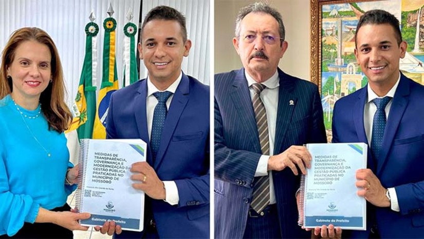 Imagem 1 - O gestor mossoroense entregou o documento em mãos à Procuradora-Geral do Ministério Público do Rio Grande do Norte, Eliane Cardoso, e ao presidente do TCE/RN, Gilberto Jales. De acordo com Allyson, o documento destaca os esforços empreendidos pela administração municipal no sentido de promover as melhores práticas de transparência em gestão e governança. “Acreditamos que a transparência é fundamental para fortalecer a relação entre os órgãos públicos e a comunidade, promovendo a confiança e a participação cidadã”, destacou o gestor. Imagem 1 - O gestor mossoroense entregou o documento em mãos à Procuradora-Geral do Ministério Público do Rio Grande do Norte, Eliane Cardoso, e ao presidente do TCE/RN, Gilberto Jales. De acordo com Allyson, o documento destaca os esforços empreendidos pela administração municipal no sentido de promover as melhores práticas de transparência em gestão e governança. “Acreditamos que a transparência é fundamental para fortalecer a relação entre os órgãos públicos e a comunidade, promovendo a confiança e a participação cidadã”, destacou o gestor.