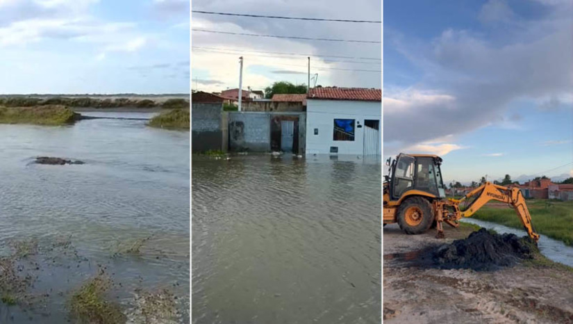 Imagem 1 -  Dique de salina se rompe e alaga casas na cidade de Grossos-RN. A inundação invadiu várias residências, deixando dezenas de moradores ilhados. O Portal Mossoró Hoje recebeu vários vídeos que mostram casas totalmente alagadas após o rompimento do canal. A prefeitura de Grossos, através da secretaria de Obras, esteve no local e utilizou máquinas para desobstruir o canal e facilitar o escoamento das águas.