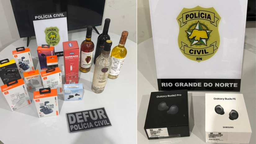   Equipe da Defur recupera cerca de R$ 7 mil em produtos furtados de lojas de Mossoró. Os crimes foram praticados em vários estabelecimentos. O suspeito agia realizando pequenos furtos por vez. Durante as investigações, os policiais da Defur conseguiram identificar o suspeito e conduzi-lo à delegacia. Também conseguiram recuperar 10 fones de ouvido e quatro garrafas de vinhos. Em depoimento, ele confessou os furtos, mas acabou sendo liberado por não estar em situação de flagrante. Deverá responder pelos crimes em liberdade.