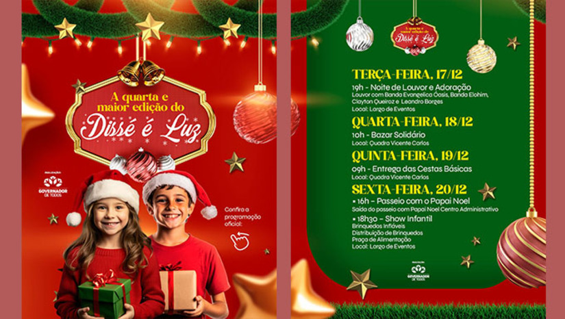 Imagem 1 -  O Dissé É Luz da história 2024 será concluído com uma grande festa para todas as famílias, em especial para todas as crianças, com show infantil, brinquedos infláveis, brincadeiras, distribuição de brinquedos e praça de alimentação, a partir das 18h30, no Largo de Eventos.  “Preparamos um evento com muito carinho, para todas as famílias dixseptienses. Este é um período muito especial, de muita luz e esperança, e que merece uma programação especial”, exaltou a primeira-dama e Chefe de Gabinete Lorenna Evangelista.