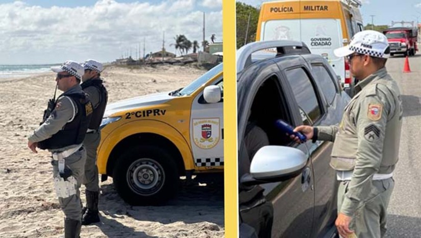 Imagem 1 -  A 2ª CIPRv está com equipes entre Mossoró e Tibau na execução de ações educativas, com distribuição de material informativo e orientações dos Policiais, ações corretivas com uso do etilômetro (bafômetro) e patrulhamento nas RNs 012  em Grossos e 013 em Tibau, bem como orla marítima desses municípios, onde o aumento expressivo de banhistas requer uma maior atenção no trabalho de coibir o tráfego de veículos na faixa de areia buscando minimizar os riscos de acidentes. 