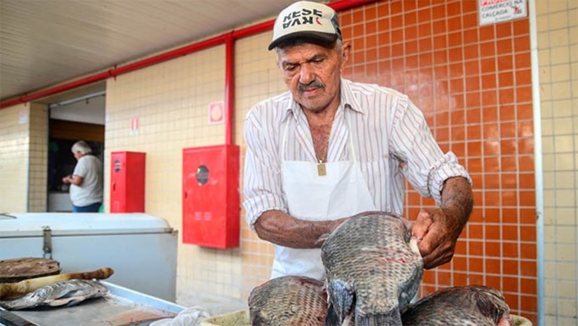 Imagem 1 -   Os peixeiros que se encontravam trabalhando do lado de fora da Central de Abastecimento Prefeito Raimundo Soares (Cobal), localizada no centro da cidade, agora estão instalados na parte de dentro do Mercado. No total, foram deslocados nove peixeiros, cidadãos empreendedores que geram emprego, renda e o sustento das famílias por meio da venda dos peixes. De acordo com Sueldo Alves, o gerente de Mercados Públicos, em breve os peixeiros estarão em um espaço que está sendo preparado, mais adequado para o trabalho, com bancada de granito, pia e com toda instalação elétrica e hidráulica.