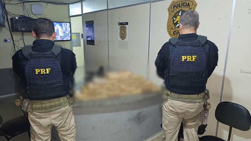 Imagem 1 -  PRF prende dois homens e uma mulher transportando quase R$ 1 milhão em Skunk na BR-304. Os presos, um de 28 anos, outro de 34 anos e uma mulher de 31 anos, foram abordados pelos policiais por volta das 20h40 deste domingo (9), no Km 236 da BR-304, na altura do município de Riachuelo. A droga estava sendo transportada em um veículo GM/Astra Sedan, de Fortaleza para Natal. Ao todo, foram apreendidos 32 tabletes de Skunk, totalizando aproximadamente 30 kg da droga. A apreensão causou um prejuízo aos criminosos de quase R$ 1 milhão.