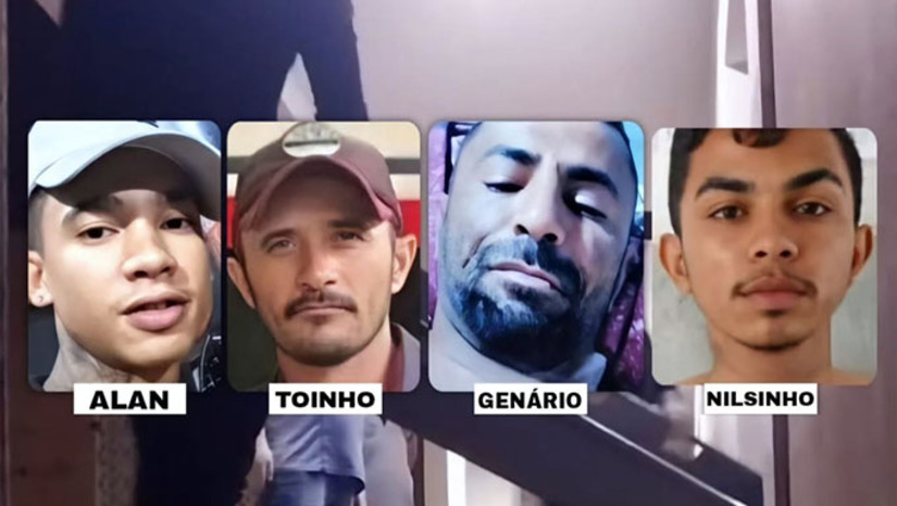 Imagem 1 -  Os suspeitos Genário, Nilsinho, Alan e Toinho, juntos, tem seis mandados de prisão por homicídio, tráfico e até latrocínio. Em Luís Gomes, bando espalhou terror, exibindo armas, fazendo ameaças, pichando prédios públicos com as siglas da facção e expulsando moradores de casa. A Polícia informa que as diligências continuam para localizar outros dois do mesmo bando que conseguiram fugir do cerco policial numa motocicleta.