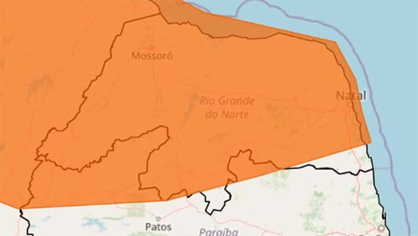 Imagem 1 -  O aviso é válido para 159 dos 167 municípios do Rio Grande do Norte e tem validade até às 10 horas desta terça-feira (18).Segundo o alerta, as cidades potiguares podem ser atingidas por chuvas entre 30 e 60 milímetros por hora ou entre 50 e 100 milímetros por dia, com possibilidade de ventos intensos de até 100 km/h. Além disso, há risco de corte de energia elétrica, queda de galhos de árvores, alagamentos e de descargas elétricas.