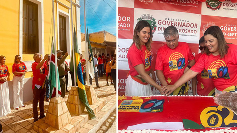 Imagem 1 -  Na solenidade de hasteamento das bandeiras, Dr. Artur Vale exaltou a história de Governador Dix-Sept Rosado e falou do grande momento de transformação “para melhor” que o município está experimentando. “Temos a missão de construir no presente oportunidades para o futuro. E estamos cumprindo essa missão com muito trabalho, determinação, responsabilidade, zelo e respeito aos homens e mulheres dessa terra.”, afirmou o prefeito.