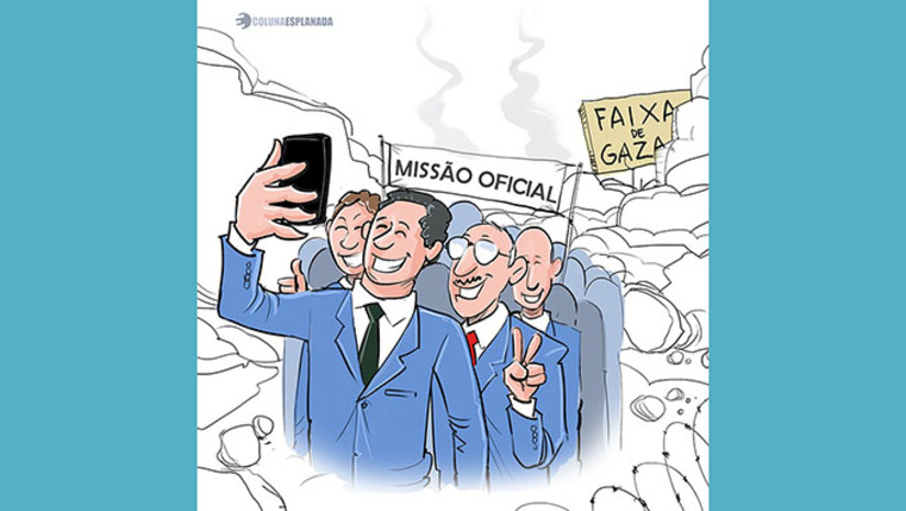 Imagem 1 -  Subiu no telhado missão com cerca de 50 deputados a Israel, prevista para este mês e totalmente custeada pelo Governo de Benjamin Netanyahu. O presidente da Câmara, Hugo Motta, não está disposto a referendar a farra. Israel tem buscado respaldo oficial de Parlamentos para sua ofensiva contra Gaza, mesmo em países, como o Brasil, que não aceitam a ação militar contra os palestinos devido à morte de milhares de inocentes.