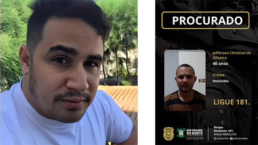 Imagem 1 -  Jefferson Christian de Oliveira, de 42 anos, vigia, que está foragido, matou o empresário Alcides do Brilho e tentou contra a vida de Brenda Monielle, esposa de Alcides, no início da noite do dia 17 de março de 2024, em frente a casa do casal no Bairro Belo Horizonte, em Mossoró-RN. O réu se apresentou na Policia, confessou os crimes e ficou em liberdade. Teve a prisão preventiva decretada pela Justiça e fugiu. A audiência de instrução e julgamento deve começar de 11 horas, com a presidência do juiz Vagnos Kelly. A Justiça trabalha com a perspectiva do caso será levado a Júri ainda em 2025.