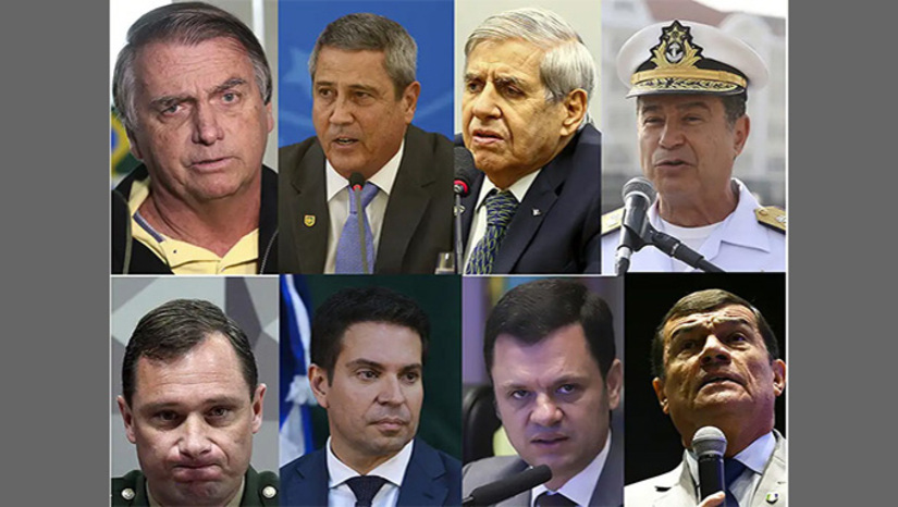 Imagem 1 -  Por 4 votos a 1, os ministros condenaram o ex-presidente Jair Messias Bolsonaro e mais sete aliados pelos crimes de organização criminosa armada, tentativa de abolição violenta do Estado Democrático de Direito, golpe de Estado, dano qualificado pela violência e grave ameaça e deterioração de patrimônio tombado. Bolsonaro foi sentenciado a 27 anos e 3 meses de prisão em regime fechado. Veja as penas dos demais réus.