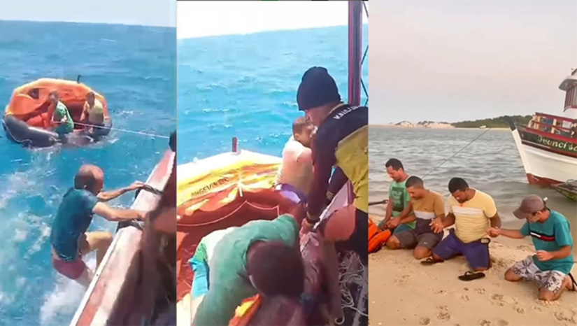 Imagem 1 - O resgate foi realizado neste sábado, 11, por pescadores de Icapuí, no Ceará. Os quatro pescadores de Touros-RN haviam naufragado no Barco Omega 4 na noite de quinta-feira, dia 9, na região do Mar de Morro Branco, em Beberibe-CE e foram encontrados 14 km de mar adentro, dois dias depois. Um dos tripulantes relatou o momento da descoberta como um milagre. "Graças a Deus conseguimos encontrar eles. Era só um pontinho vermelho no meio do mar. Quando nos aproximamos, vimos que eram pescadores dentro de uma boia coberta. Deus é maravilhoso", relatou um dos salvadores. Imagem 1 - O resgate foi realizado neste sábado, 11, por pescadores de Icapuí, no Ceará. Os quatro pescadores de Touros-RN haviam naufragado no Barco Omega 4 na noite de quinta-feira, dia 9, na região do Mar de Morro Branco, em Beberibe-CE e foram encontrados 14 km de mar adentro, dois dias depois. Um dos tripulantes relatou o momento da descoberta como um milagre. "Graças a Deus conseguimos encontrar eles. Era só um pontinho vermelho no meio do mar. Quando nos aproximamos, vimos que eram pescadores dentro de uma boia coberta. Deus é maravilhoso", relatou um dos salvadores.