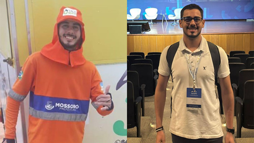 Imagem 1 -  O mossoroense Ygor Bruno, de 21 anos, estudante de Fisioterapia e trabalhador da limpeza urbana, participa nesta semana do 12º Congresso Brasileiro e 10º Internacional de Fisioterapia Esportiva, em Brasília (DF), o maior evento da área na América Latina. O congresso reúne cerca de 1.500 profissionais, pesquisadores e estudantes. Ygor concilia os estudos com o trabalho como gari na empresa Vale Norte e se destaca como exemplo de superação e dedicação, levando o nome de Mossoró ao cenário nacional da fisioterapia esportiva.