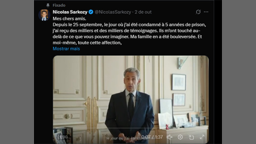 Imagem 1 - O ex-presidente do período de 2007 a 2012, Nicolas Sarkozy foi condenado por associação criminosa com dois assessores, num processo que onde aparece custeando a campanha para presidente em 2007 com dinheiro enviado pelo ex-ditador Líbio Muammar Khadafi. Neste mesmo processo, ele foi inocentado de receber dinheiro pessoalmente. Sarkozy diz que é inocente do crime de associação criminosa, mas, devido a “excepcional gravidade dos fatos”, terá que recorrer de uma cela de nove metros quadrados, com banheiro, uma escrivaninha no presídio Lá Santé, famosa prisão do século 19 ao sul do Rio Sena, em Paris. Imagem 1 - O ex-presidente do período de 2007 a 2012, Nicolas Sarkozy foi condenado por associação criminosa com dois assessores, num processo que onde aparece custeando a campanha para presidente em 2007 com dinheiro enviado pelo ex-ditador Líbio Muammar Khadafi. Neste mesmo processo, ele foi inocentado de receber dinheiro pessoalmente. Sarkozy diz que é inocente do crime de associação criminosa, mas, devido a “excepcional gravidade dos fatos”, terá que recorrer de uma cela de nove metros quadrados, com banheiro, uma escrivaninha no presídio Lá Santé, famosa prisão do século 19 ao sul do Rio Sena, em Paris.