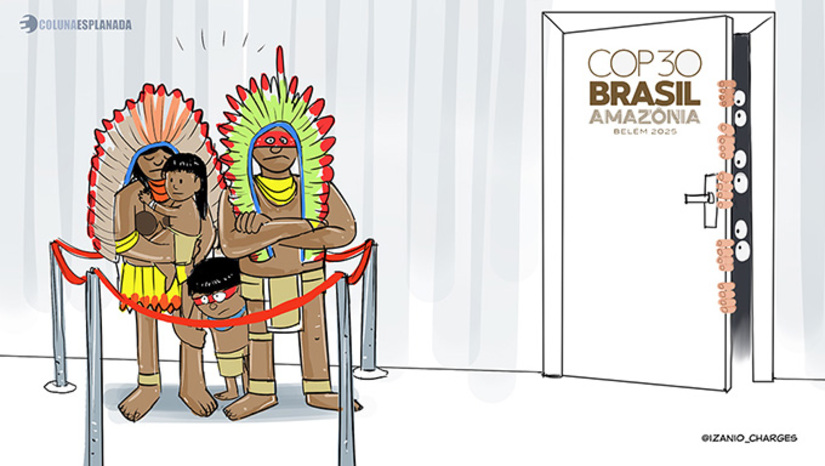 Imagem 1 -  COP dos ricos? Os indígenas de variadas etnias de todo o Brasil, que viajaram em alguns casos mais de 2 mil km para participar da COP30 em Belém, são escanteados até no espaço destinado a eles no evento. Daí a revolta de terça (11) com a invasão de alguns deles nos espaços restritos a autoridades. Uma indígena contou à Coluna que levou seus artesanatos e não tem o lugar prometido para expor. São desdenhados pela organização e falta estrutura.